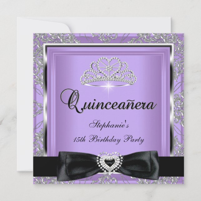 Quinceanera 15. Party Lilac Damask Silver Black Einladung (Vorderseite)
