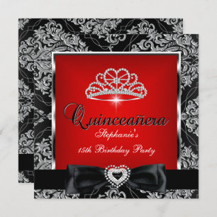 Quinceanera 15. Party Red Damask Silver Black Einladung