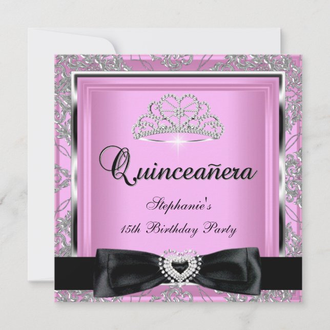 Quinceanera 15. Party Rosa Damaskus Silver Black Einladung (Vorderseite)