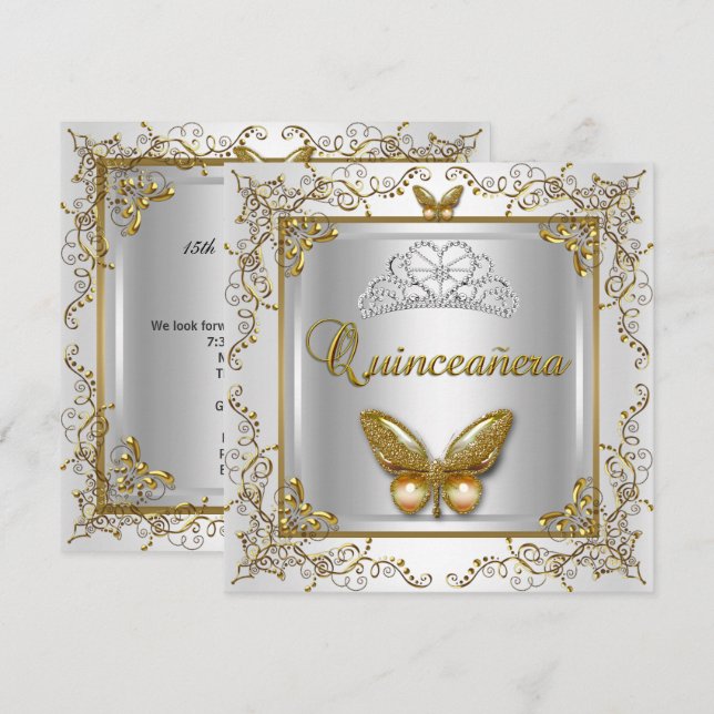 Quinceanera 15. Party Silberer Weißer Goldschmette Einladung (Vorne/Hinten)