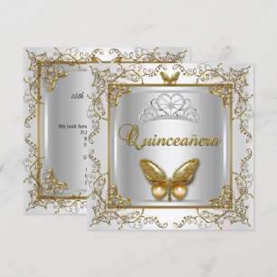 Quinceanera 15. Party Silberer Weißer Goldschmette Einladung