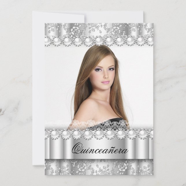 Quinceanera 15. Party Silver Damask Foto Einladung (Vorderseite)