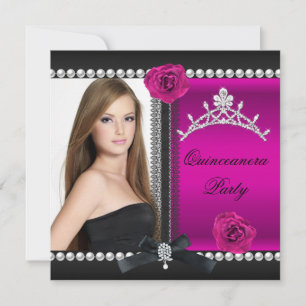 Quinceanera 15. Pink Rose Schwarz Foto Einladung