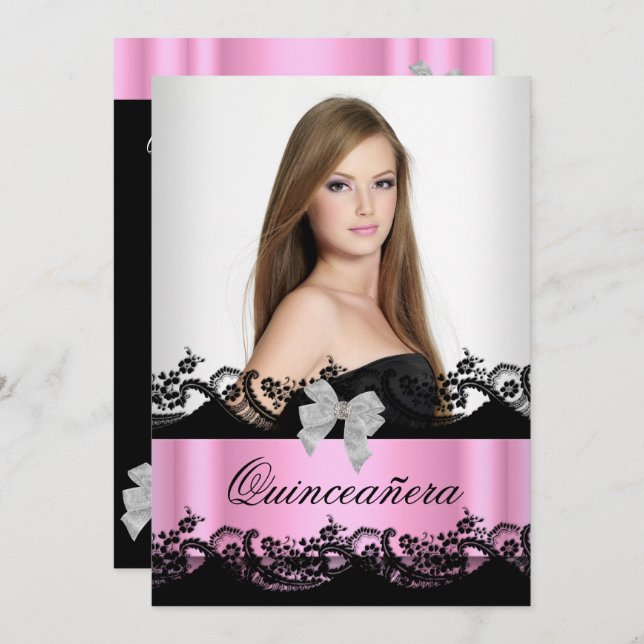 Quinceanera 15. Pink Schwarz-weiß Lace Foto Einladung (Vorne/Hinten)