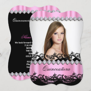 Quinceanera 15. Pink Schwarz Weiß Spitze Foto Einladung