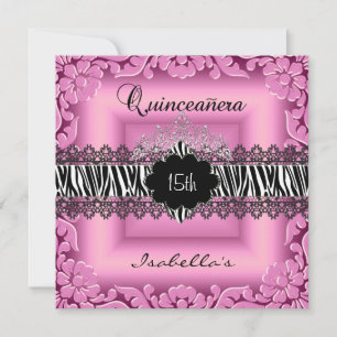 Quinceanera 15. Pink Schwarz Weiß Zebra Spitze Einladung