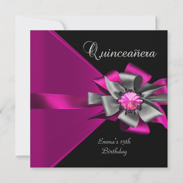Quinceanera 15. Pink Silver Black Gray Bow 3 Einladung (Vorderseite)
