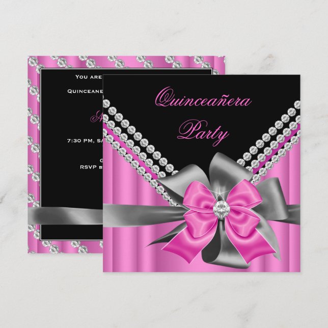 Quinceanera 15. Pink Silver Gray Bow Diamonds 2 Einladung (Vorne/Hinten)