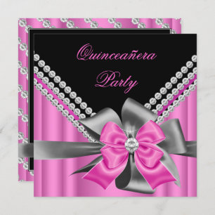 Quinceanera 15. Pink Silver Gray Bow Diamonds 2 Einladung