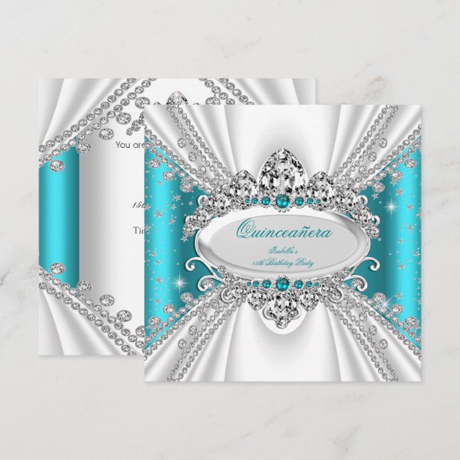 Quinceanera 15. Princess Aquamarin Tiara Diamonds Einladung (Vorne/Hinten)