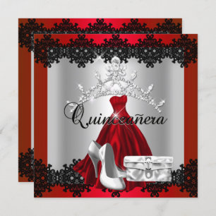 Quinceanera 15. Red Black Silver Diamond Tiara Einladung