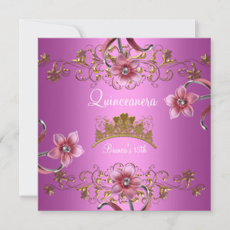 Quinceanera 15. Rosa Blume Gold Tiara Einladung