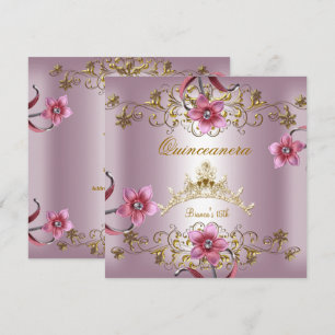 Quinceanera 15. rosa Blumen Gold Tiara Einladung