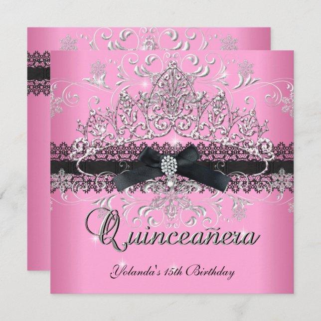Quinceanera 15. Rosa Glitzer Tiara Black Bow Einladung (Vorne/Hinten)