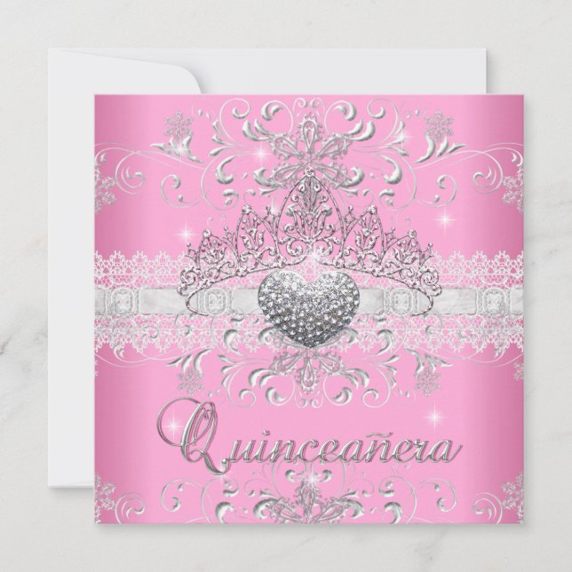 Quinceanera 15. Rosa Glitzer Tiara Spitzenherz Einladung (Vorderseite)