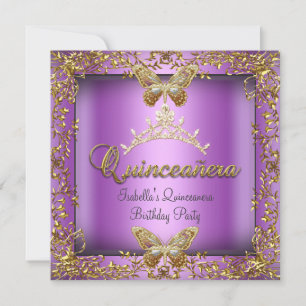 Quinceañera 15. Rosa Lila Gold Schmetterling Einladung