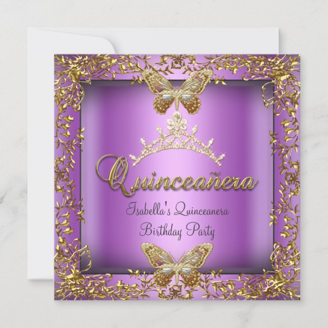Quinceañera 15. Rosa Lila Goldschmetterling Einladung (Vorderseite)