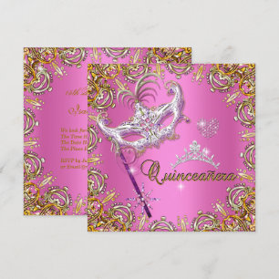 Quinceanera 15. Rosa Maskenparty Gold Einladung