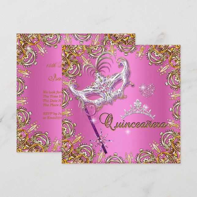 Quinceanera 15. Rosa Masquerade Party Gold Einladung (Vorne/Hinten)