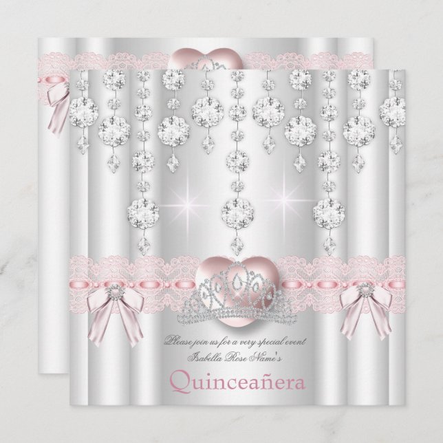 Quinceanera 15. Rosa Silberherz Diamanten 2 Einladung (Vorne/Hinten)