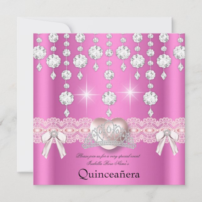 Quinceanera 15. Rosa Silberherz Diamanten 3 Einladung (Vorderseite)
