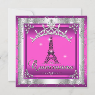 Quinceanera 15 Rosa Silver Tiara Eiffelturm Einladung