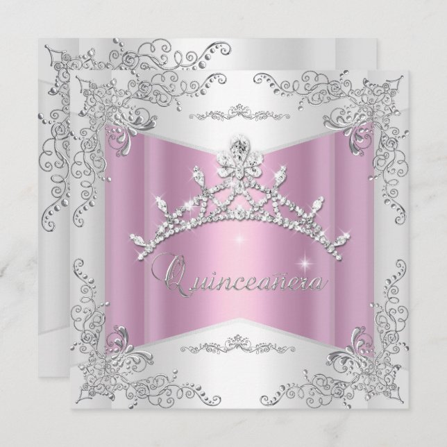 Quinceanera 15. Rosa Weiß Silber Tiara Einladung (Vorne/Hinten)