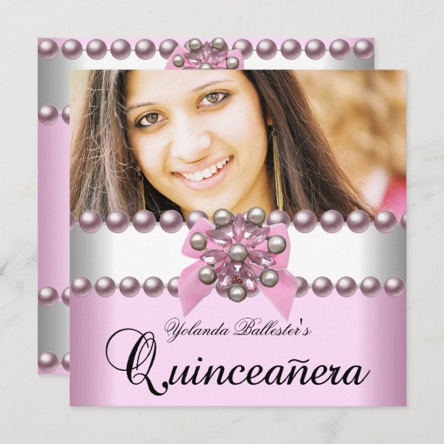 Quinceanera 15. Rosa Weißrosa Pearl Bow Foto Einladung (Vorne/Hinten)