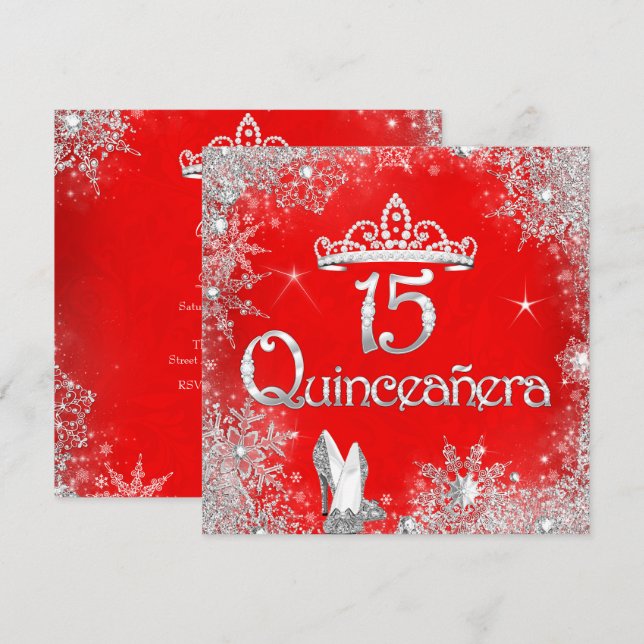 Quinceanera 15. Rote Silberschneeflocken Party 2 Einladung (Vorne/Hinten)