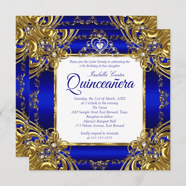 Quinceanera 15. Royal Blue Gold Pearl Tiara Einladung (Vorne/Hinten)