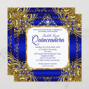 Quinceanera 15. Royal Blue Gold Pearl Tiara Einladung