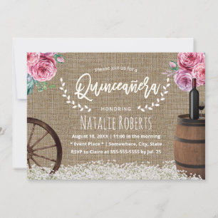 Quinceanera 15 Rustic Burlap Wine Barrel Floral Einladung