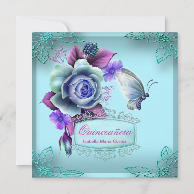 Quinceañera 15. Schmetterling Aquamarines Lila Par Einladung (Vorderseite)
