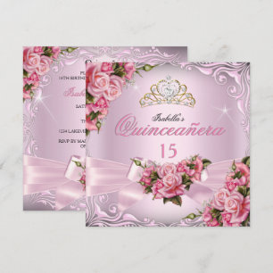 Quinceanera 15. Schöne rosa Rosen Tiara Geburtstag Einladung
