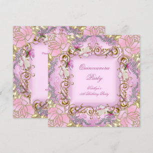Quinceanera 15. Schönes Rosa Damast Gold Blumen Einladung