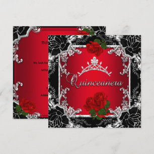 Quinceañera 15 Schwarz Silber Tiara Rote Rose Blum Einladung