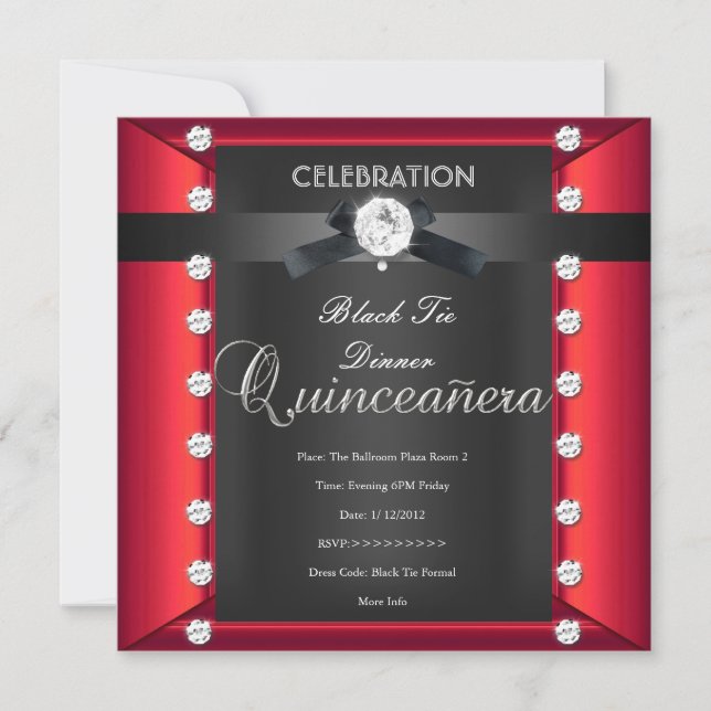 Quinceanera 15. Schwarze Krawatte Schwarz-weiß Rot Einladung (Vorderseite)