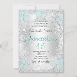 Quinceanera 15. Silver Aquamarines Snowflake Foto Einladung