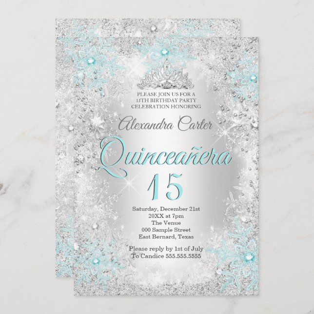Quinceanera 15. Silver Aquamarines Snowflake Foto Einladung (Vorne/Hinten)