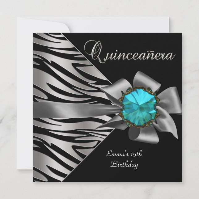 Quinceanera 15. Silver Zebra Aquamarin Black Gray  Einladung (Vorderseite)