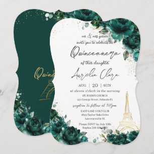 Quinceañera 15 Smaragdgrün Floral Eiffel Paris Einladung