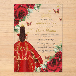 Quinceañera 15 Sweet 16 Rote Rosen Blumen Floral Acryleinladungen