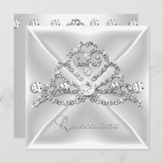 Quinceanera 15 Tiara Silver White Diamond 2 Einladung (Vorne/Hinten)