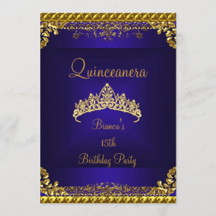 Quinceanera 15. tiefblaue goldene Diamantentiaras Einladung