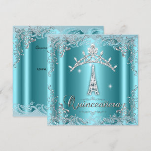 Quinceanera 15 Türkis Blau Silber Tiara Eiffelturm Einladung