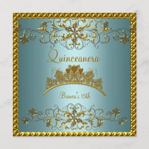Quinceanera 15. Türkisblau Gold Tiara Einladung