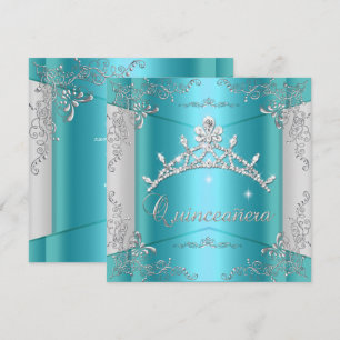 Quinceanera 15. Türkisblaue Silber-Tiara Einladung