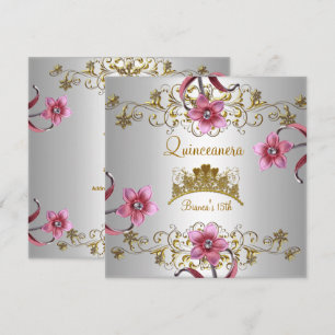 Quinceanera 15. Weiße rosa Blumen goldene Tiara Einladung