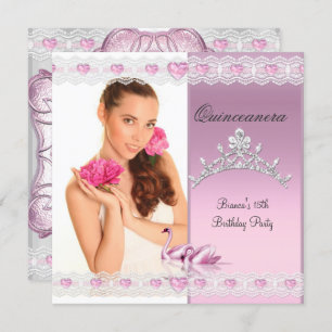 Quinceanera 15. Weißrosa Schwäne Tiara Foto Einladung