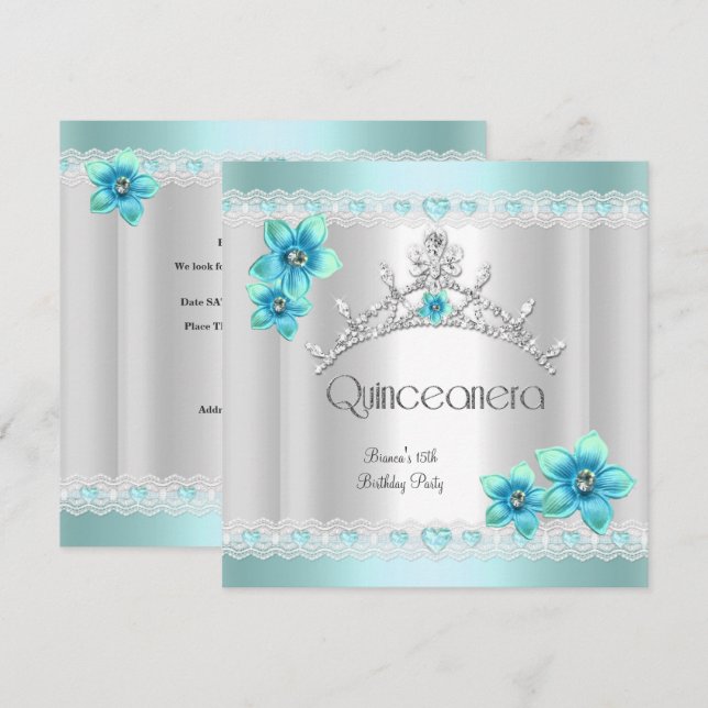 Quinceanera 15. White Aquamarin Blue Silver Tiara Einladung (Vorne/Hinten)